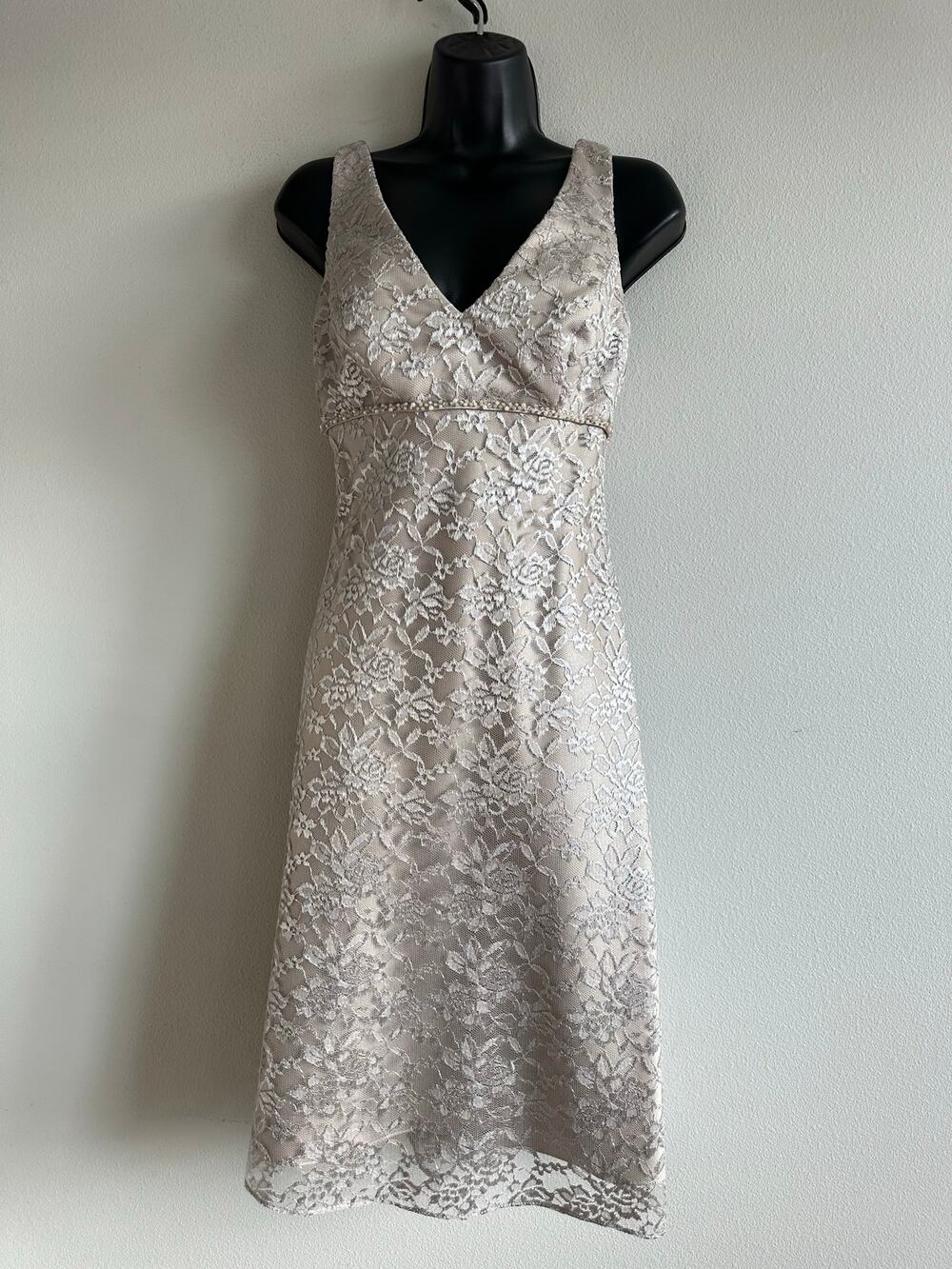 Vintage Y2k 90s Lace Midi Dress Beaded Empire Waist Romantic Fairycore Champagne